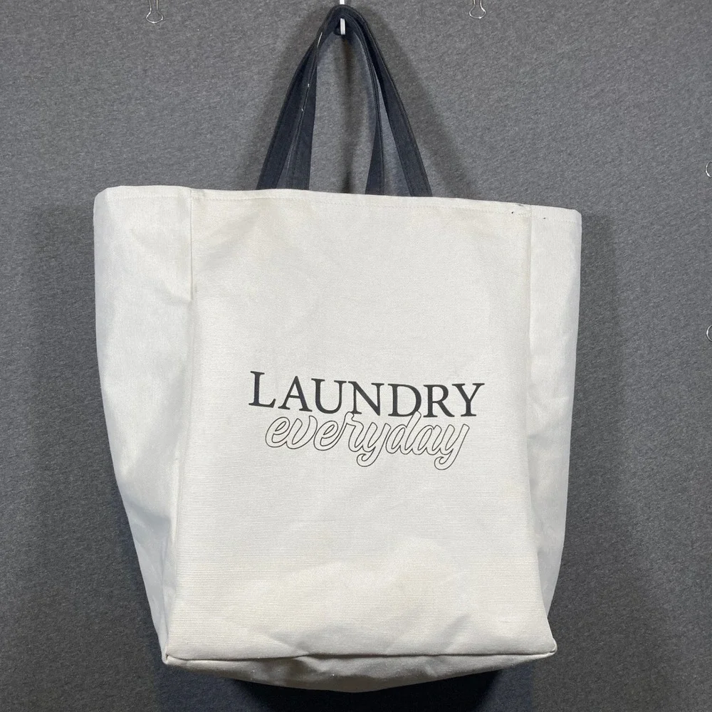 White Canvas Laundry Everyday Graphic Tote Bag Large Utility Storage‎ Basket